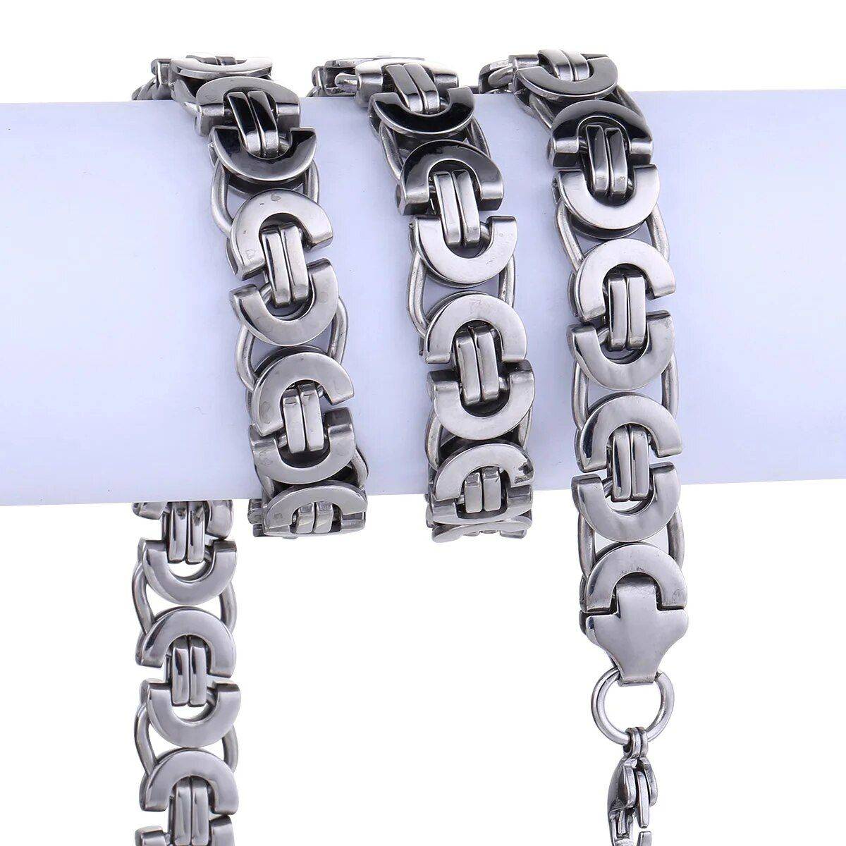11mm Stainless Steel Flat Byzantine Link Chain Necklace Color : Silver  