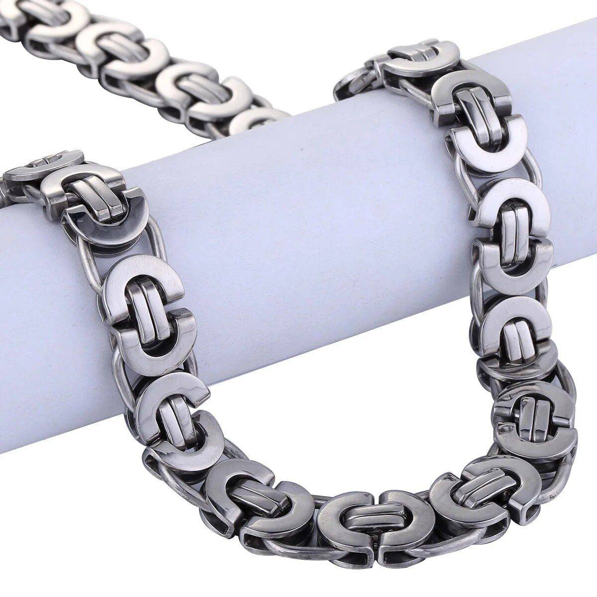 11mm Stainless Steel Flat Byzantine Link Chain Necklace Color : Silver  