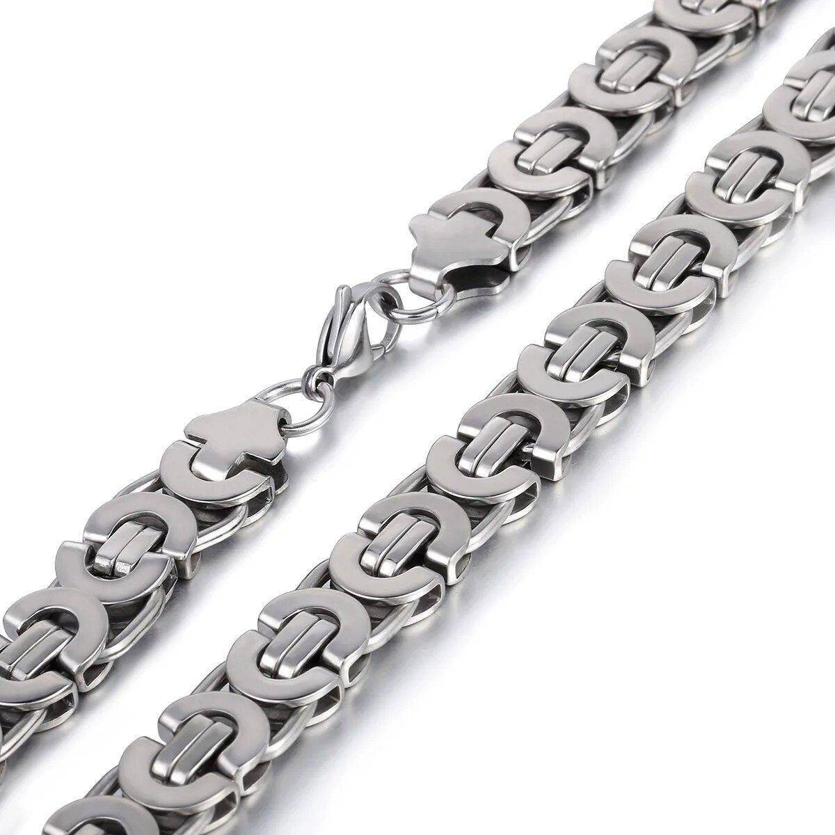 11mm Stainless Steel Flat Byzantine Link Chain Necklace Color : Silver  