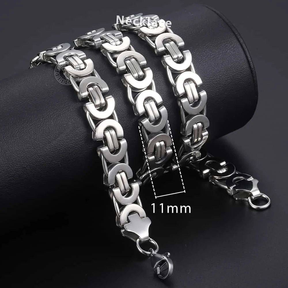 11mm Stainless Steel Flat Byzantine Link Chain Necklace Color : Silver  