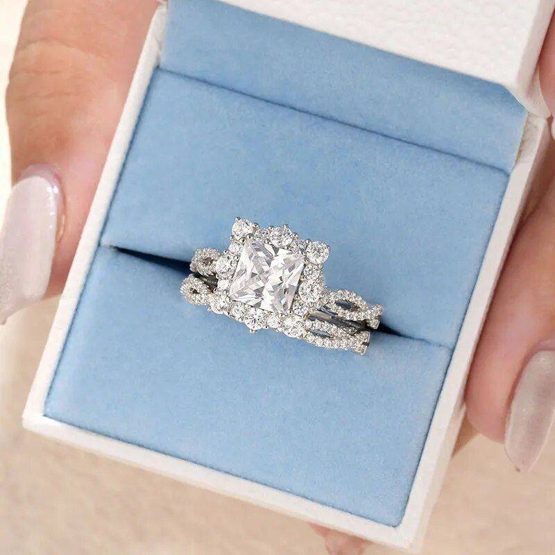 Elegant 925 Sterling Silver Princess Cut Engagement Ring Set Ring Size : 5|6|7|8|9|10 
