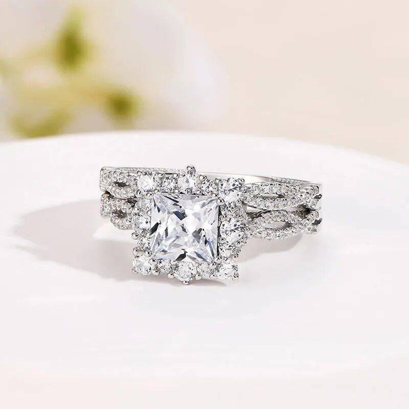 Elegant 925 Sterling Silver Princess Cut Engagement Ring Set Ring Size : 5|6|7|8|9|10 