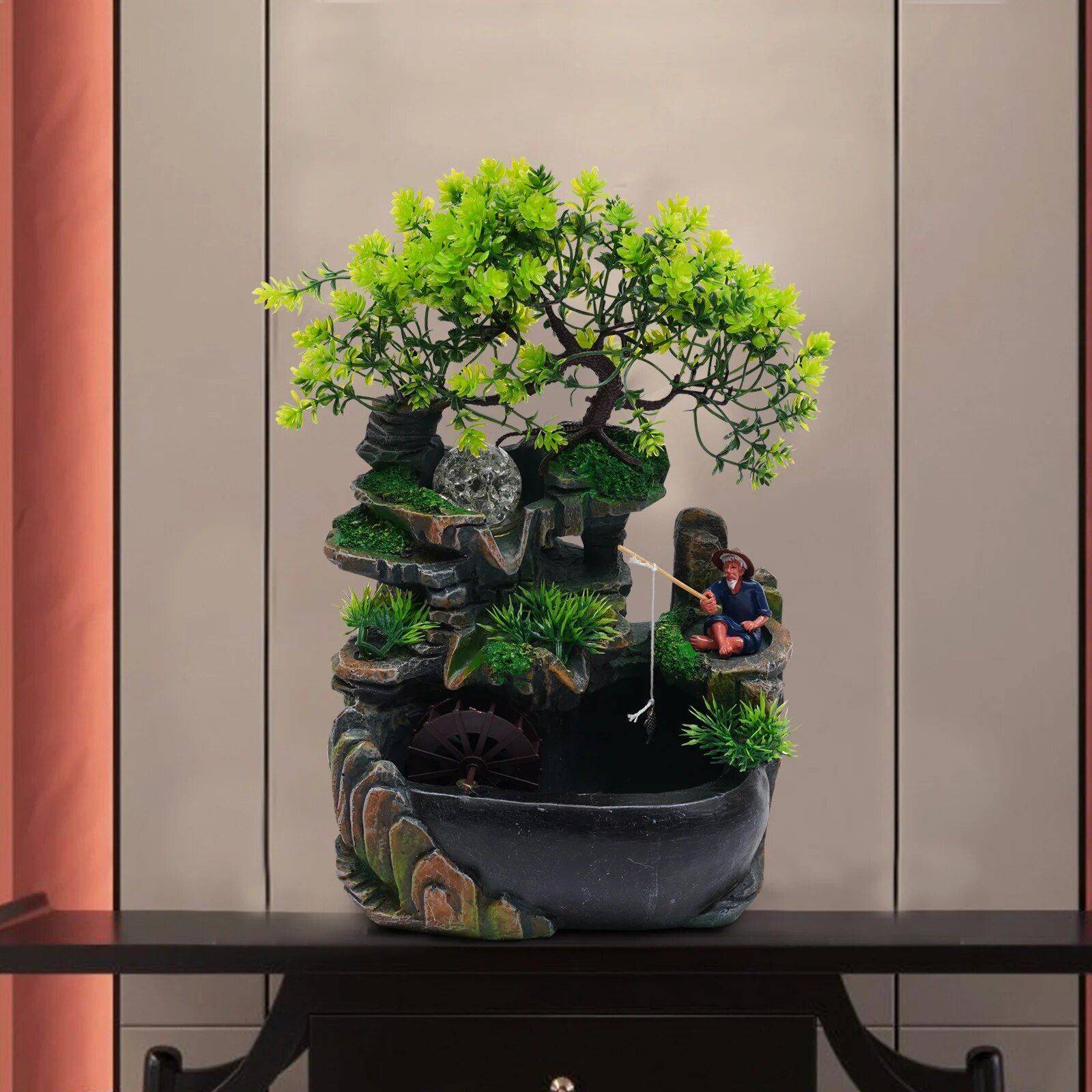 Resin Tabletop Fountain with LED Lights Color : Green 