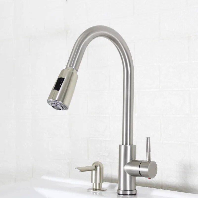 Satin Nickel Pull-Down Kitchen Sink Faucet with Soap Dispenser  