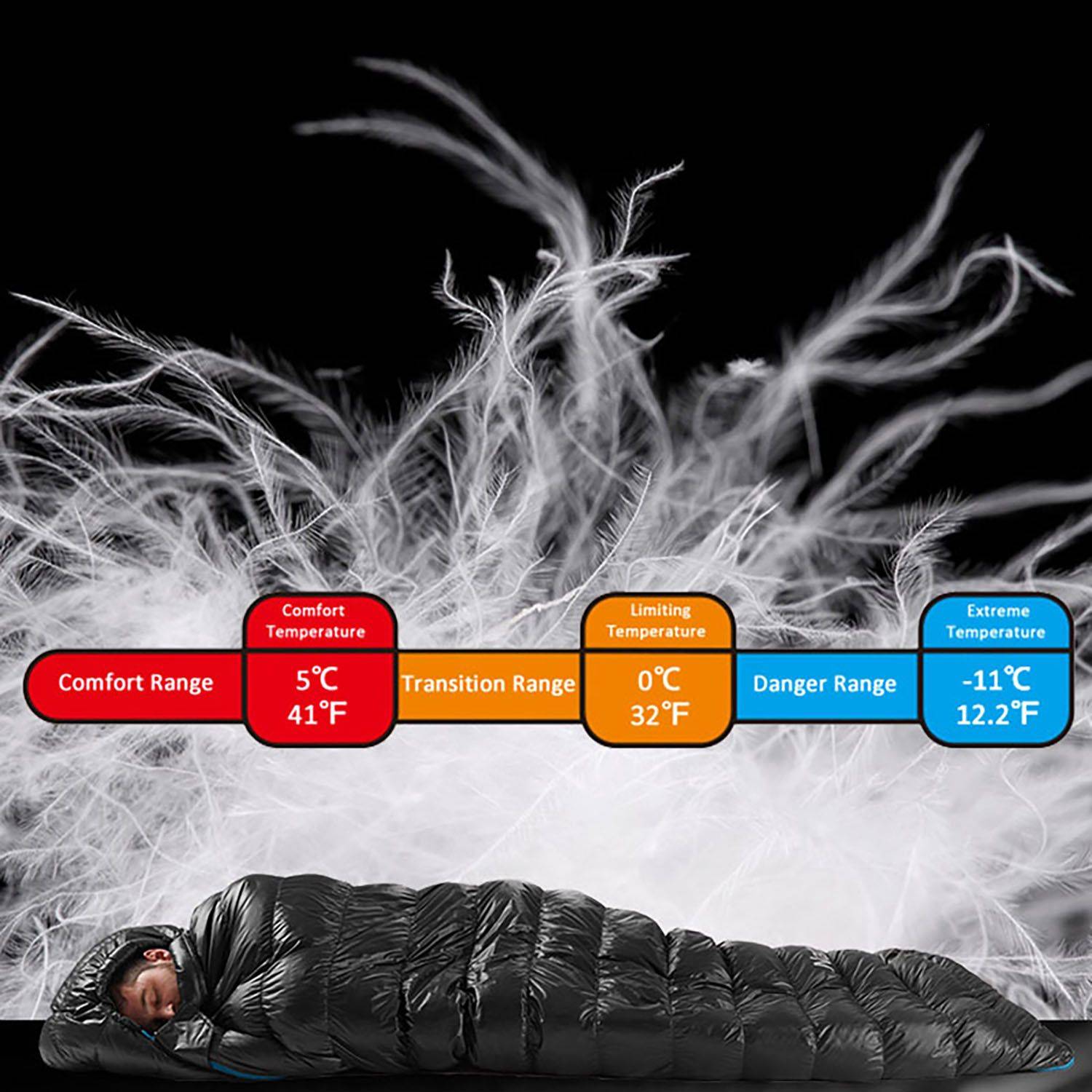 Ultra-Light Goose Down Winter Sleeping Bag for Hiking and Camping Model : CW400 - Black - M|CW400 - Black - L|CWZ400 - Black - M|CWZ400 - Black - L 