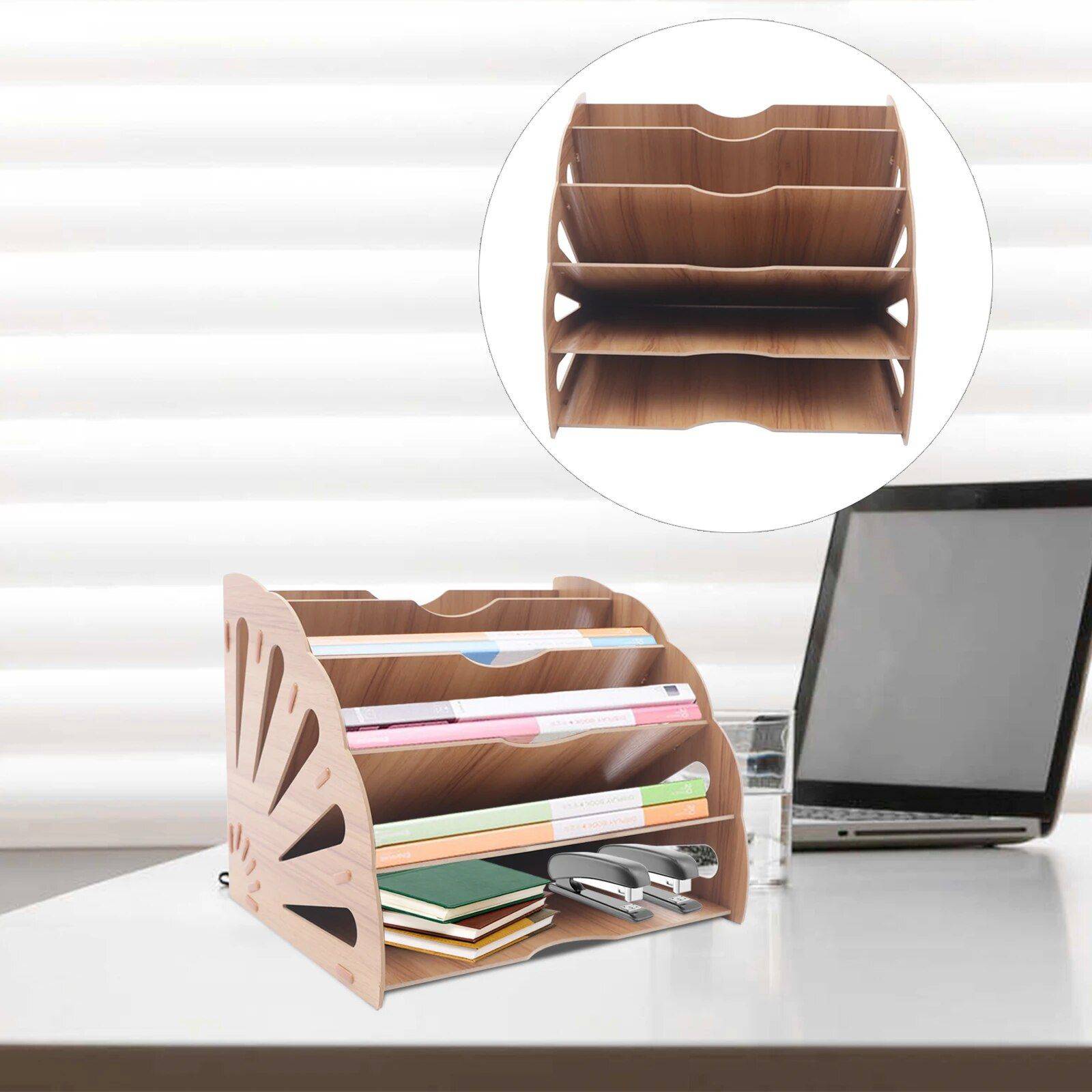 Wooden Fan-Shaped File Organizer with 5 Compartments  