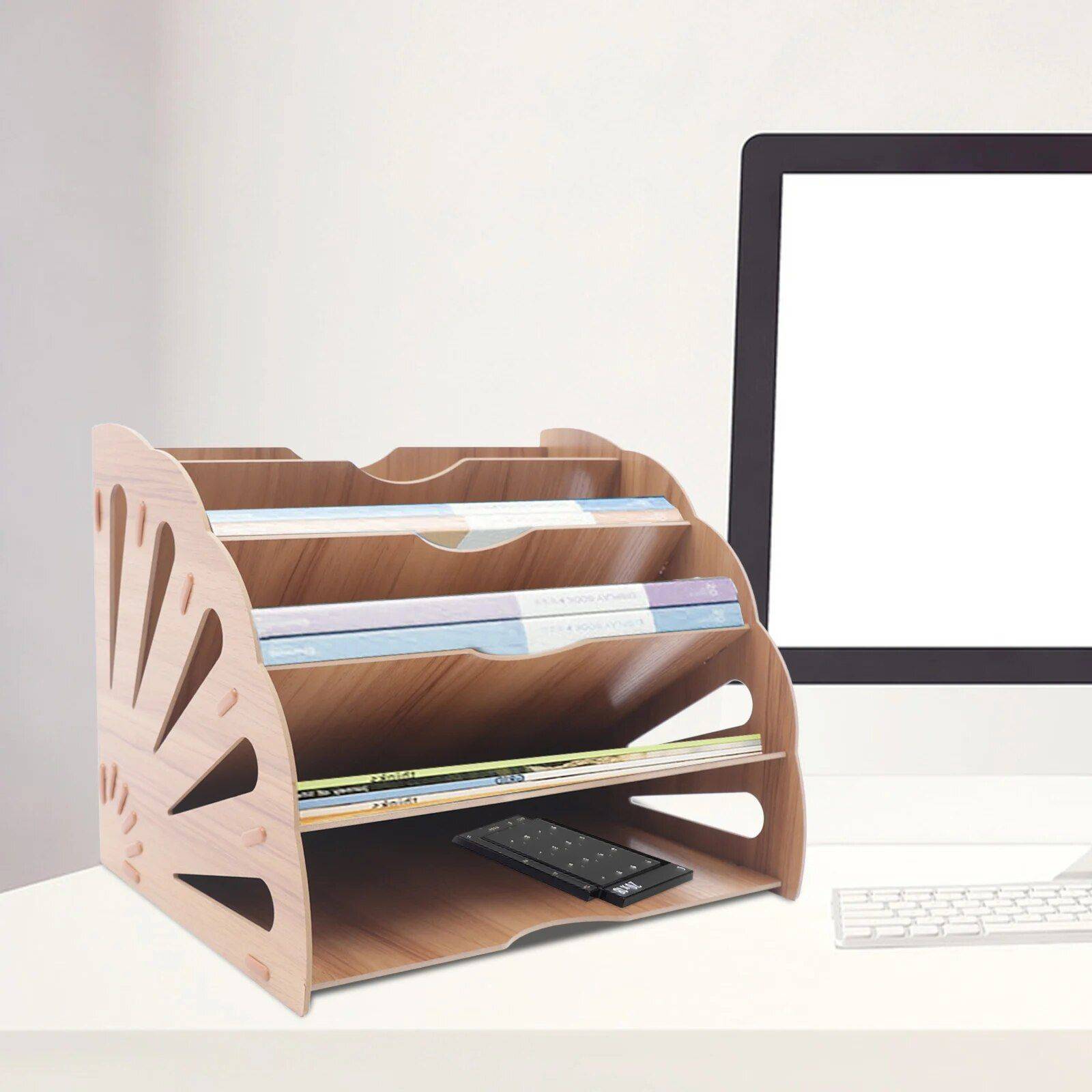 Wooden Fan-Shaped File Organizer with 5 Compartments  