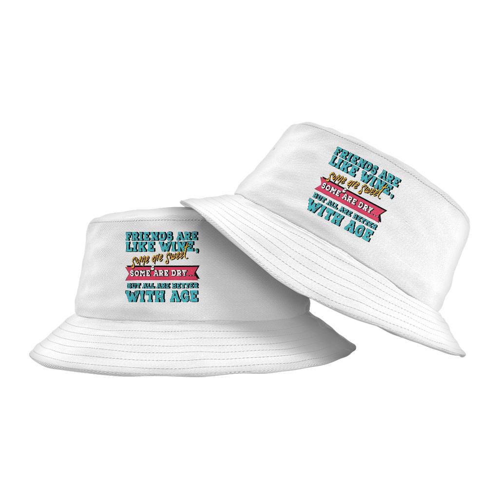 Friends and Wine Bucket Hat - Quotes Hat - Funny Bucket Hat Color : White 