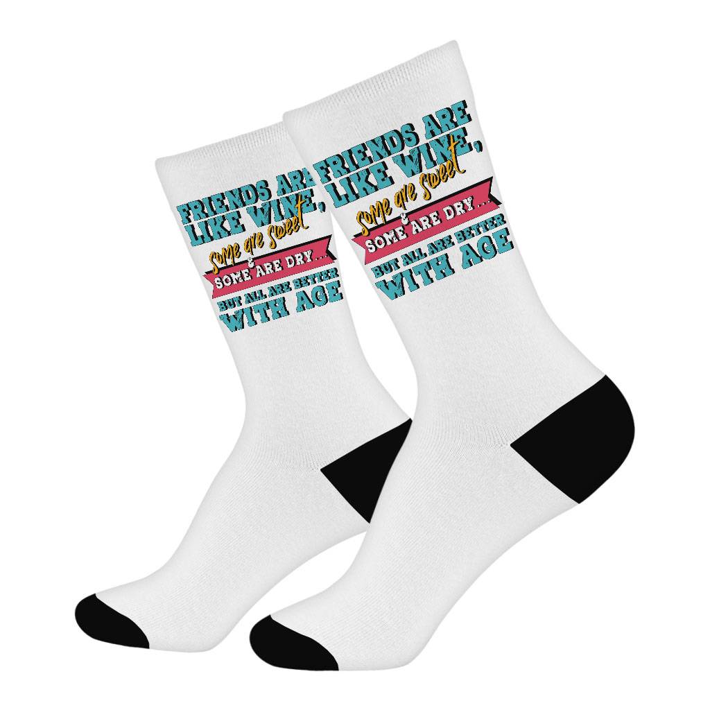 Friends and Wine Socks - Quotes Novelty Socks - Funny Crew Socks Size : Large|Medium 