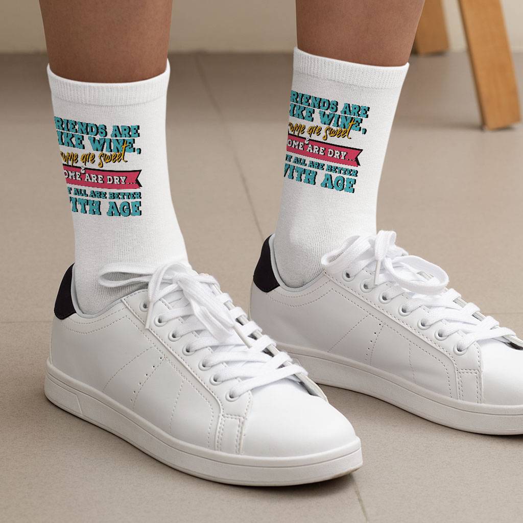 Friends and Wine Socks - Quotes Novelty Socks - Funny Crew Socks Size : Large|Medium 