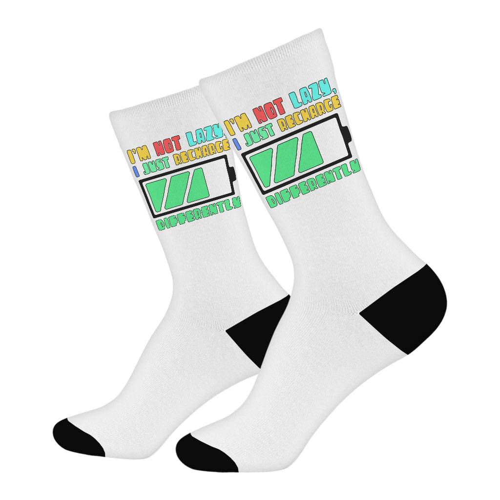 I am Not Lazy Socks - Printed Novelty Socks - Best Design Crew Socks Size : Large|Medium 