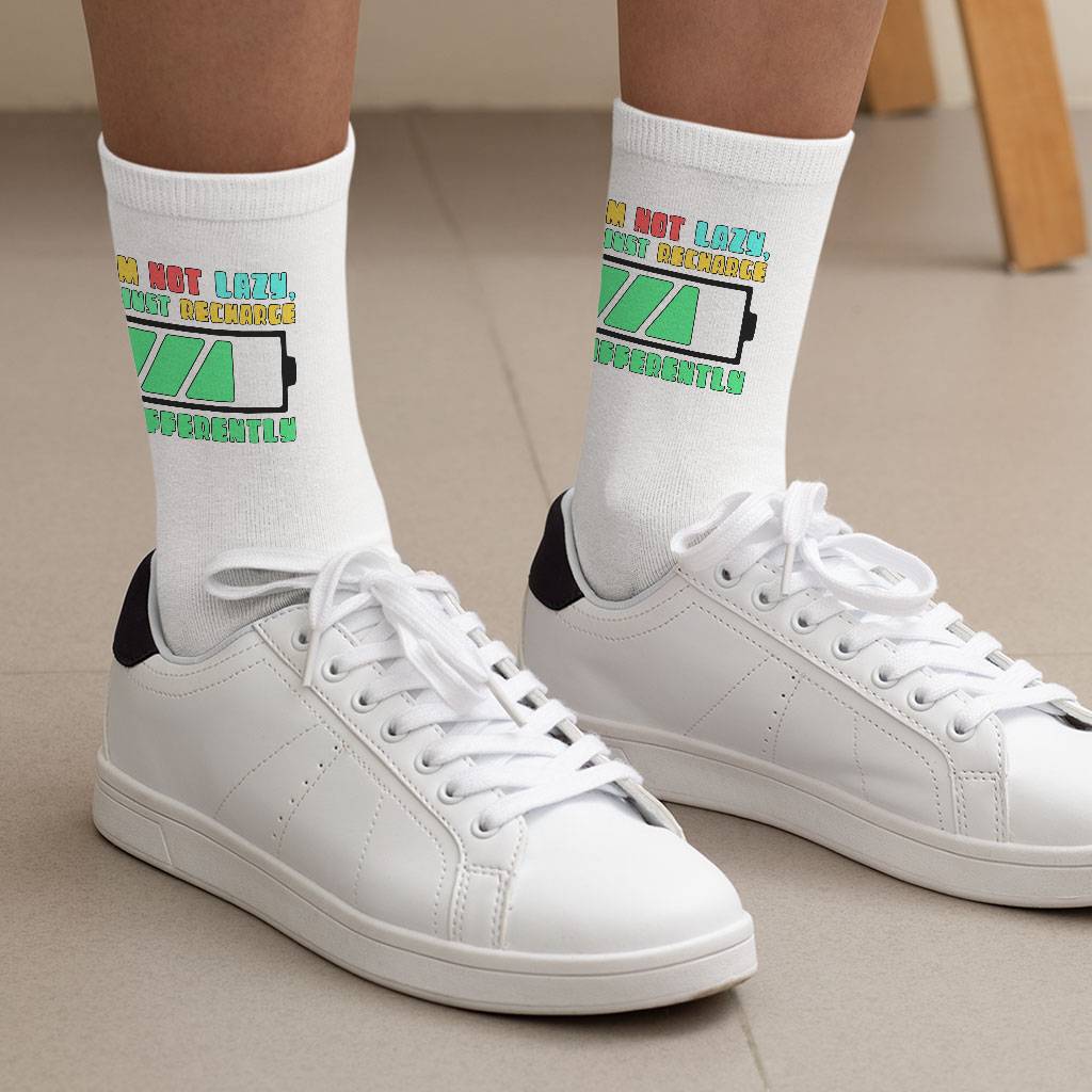 I am Not Lazy Socks - Printed Novelty Socks - Best Design Crew Socks Size : Large|Medium 