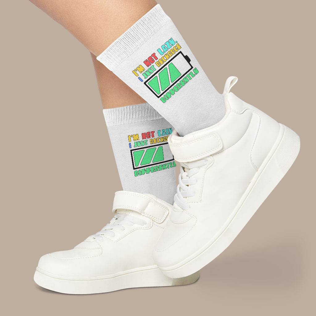 I am Not Lazy Socks - Printed Novelty Socks - Best Design Crew Socks Size : Large|Medium 