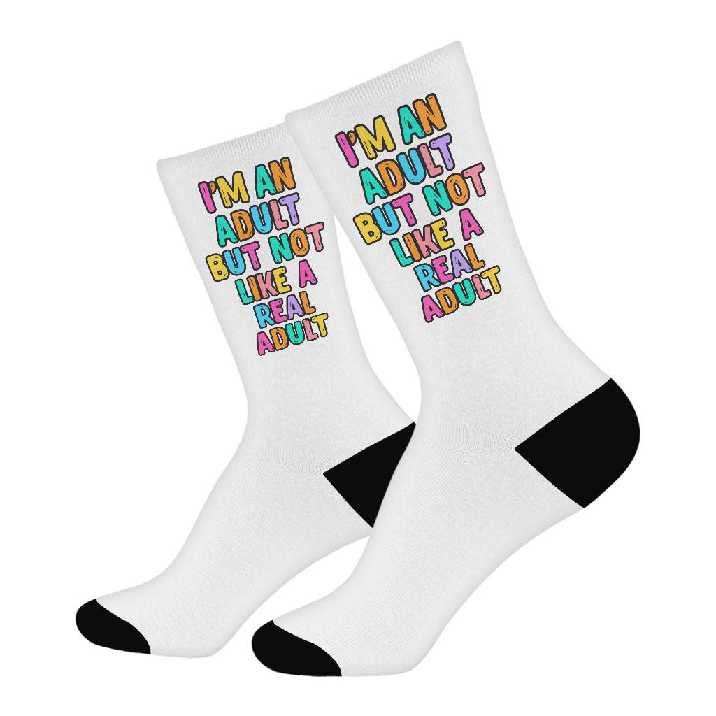 I'm an Adult Socks - Colorful Novelty Socks - Printed Crew Socks Size : Large|Medium 