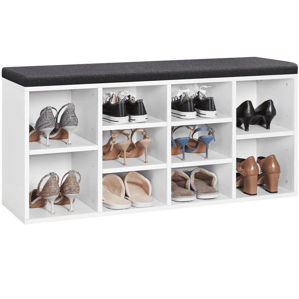 10-Cubbies Wooden Shoe Storage Bench with Cushion Seat  