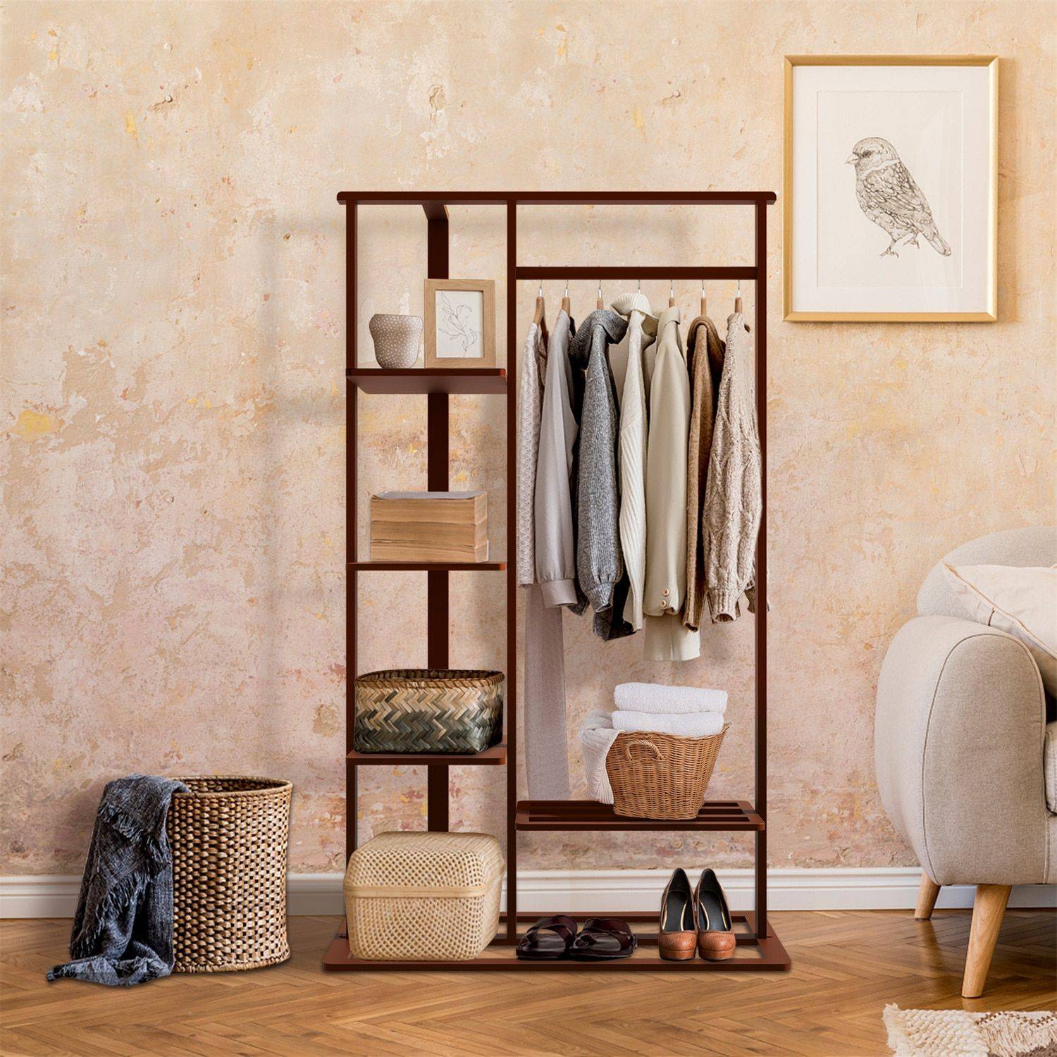 3-in-1 Bamboo Hall Tree, Clothes Rack with Shelves & Shoe Bench Color : Nut Brown 