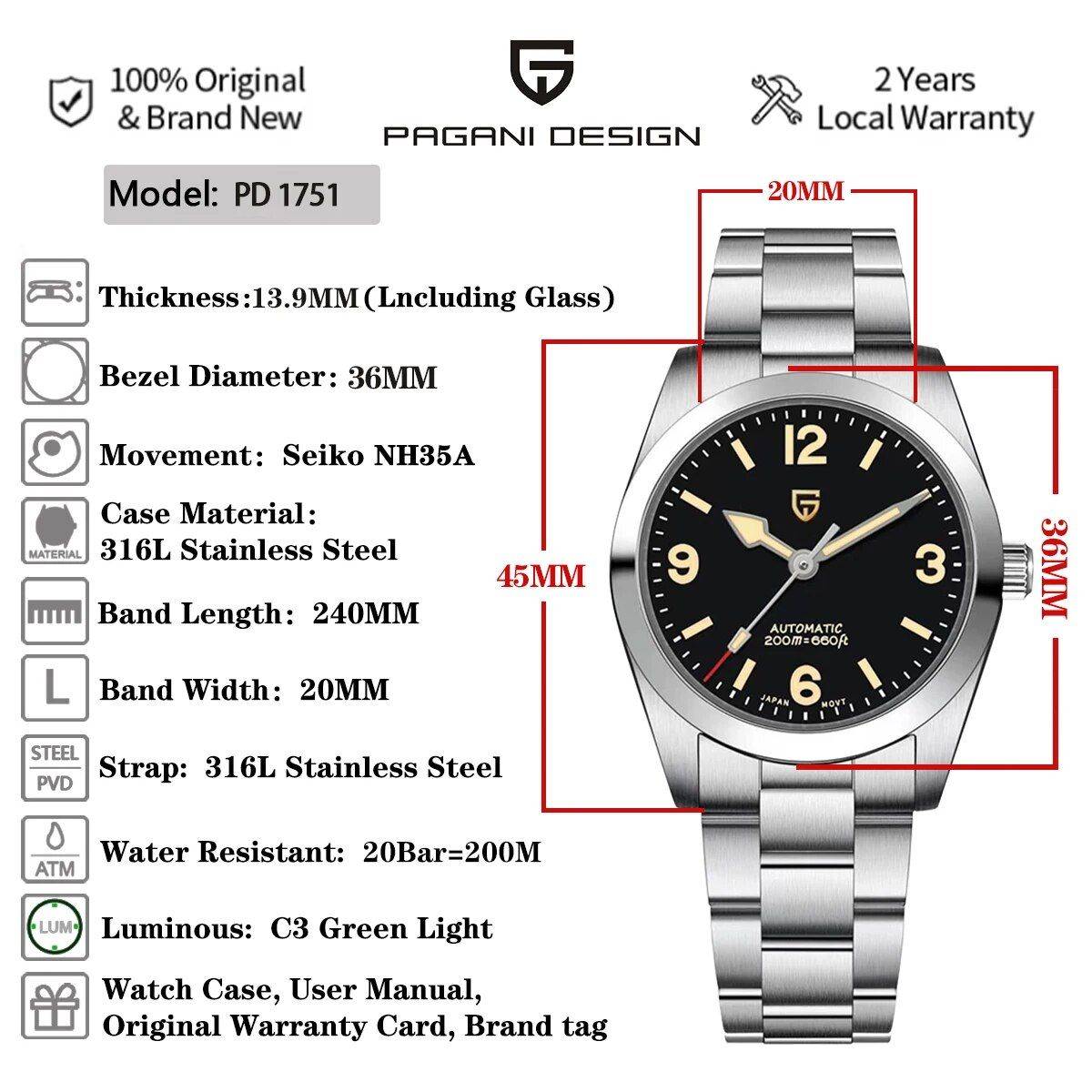 36mm Classic Vintage Automatic Mechanical Watch Model : SilverYellow 