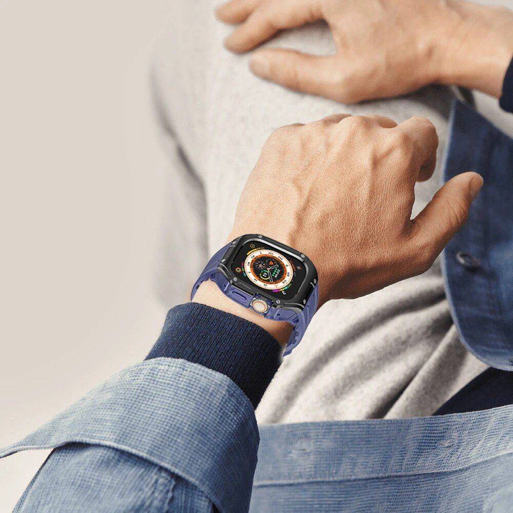 Apple Watch Ultra 49mm Sport Silicone Strap & PC Case Kit Color : Silver|Black|White|Gold|Blue|Red|Black/Green|Black/Blue 