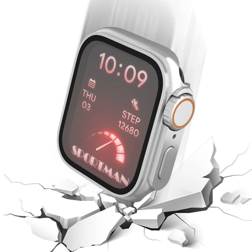 Apple Watch Ultra-Look Case Cover with Tempered Glass Color : Starlight|Original Titanium|Transparent|Shiny Black|Red|Carbon Black|Silver|White|Rose Gold|Blue 