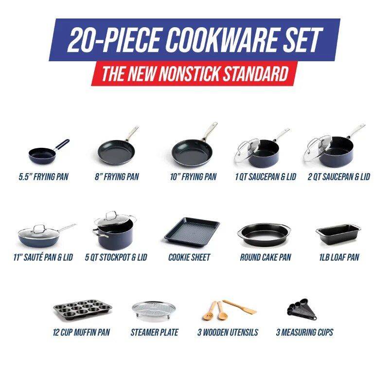 Blue Diamond 20pc Ceramic Nonstick Cookware and Bakeware Set Color : Green|Blue 