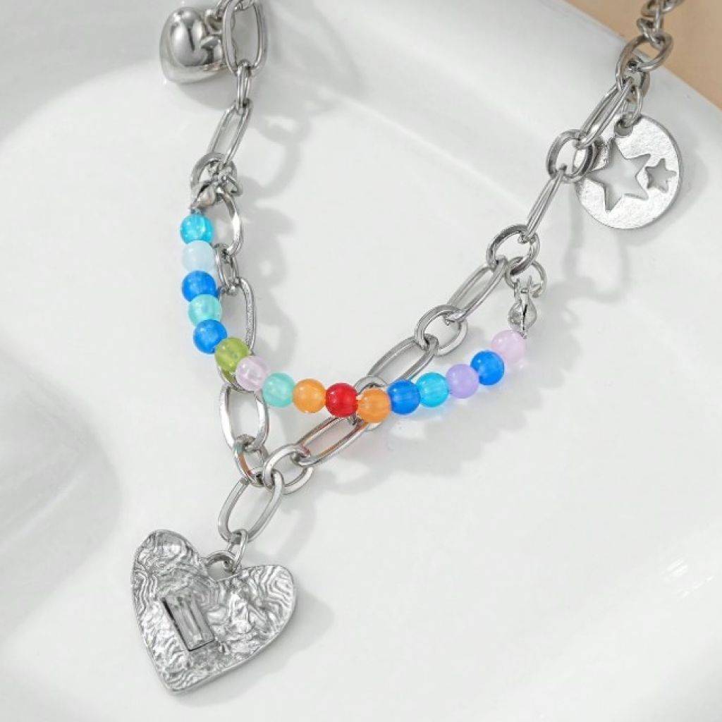 Chic Double Layer Pearl and Metal Necklace with Colorful Love Pendant Color : Silver 