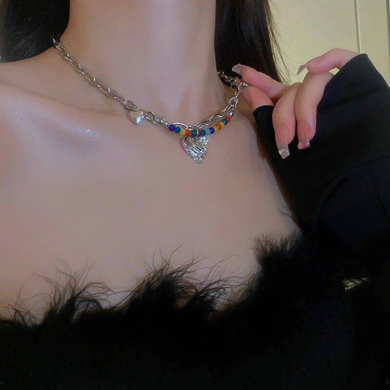 Chic Double Layer Pearl and Metal Necklace with Colorful Love Pendant Color : Silver 