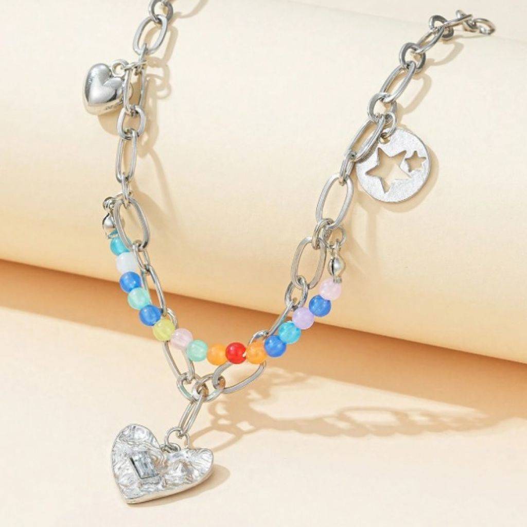 Chic Double Layer Pearl and Metal Necklace with Colorful Love Pendant Color : Silver 