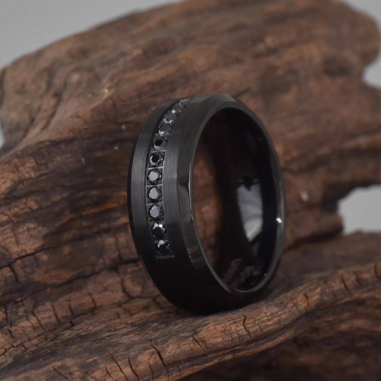 Elegant Black Tungsten Carbide Men's Wedding Ring with Cubic Zirconia Ring Size : 8|9|10|11|12|13|14 