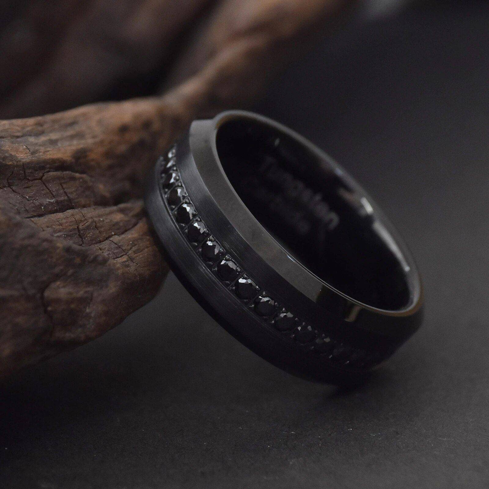 Elegant Black Tungsten Carbide Men's Wedding Ring with Cubic Zirconia Ring Size : 8|9|10|11|12|13|14 