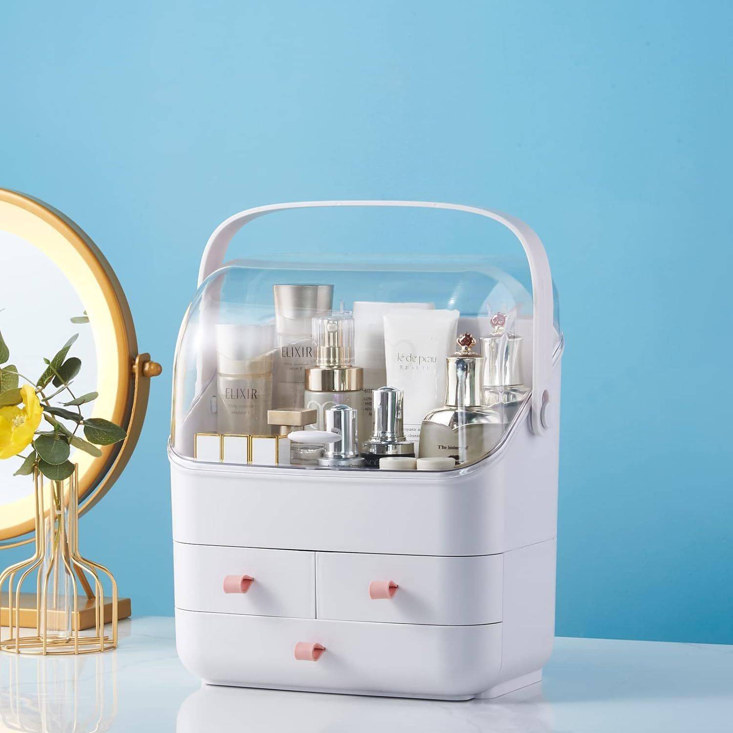 Elegant Cosmetic Storage Box Color : Ivory White|Pink 