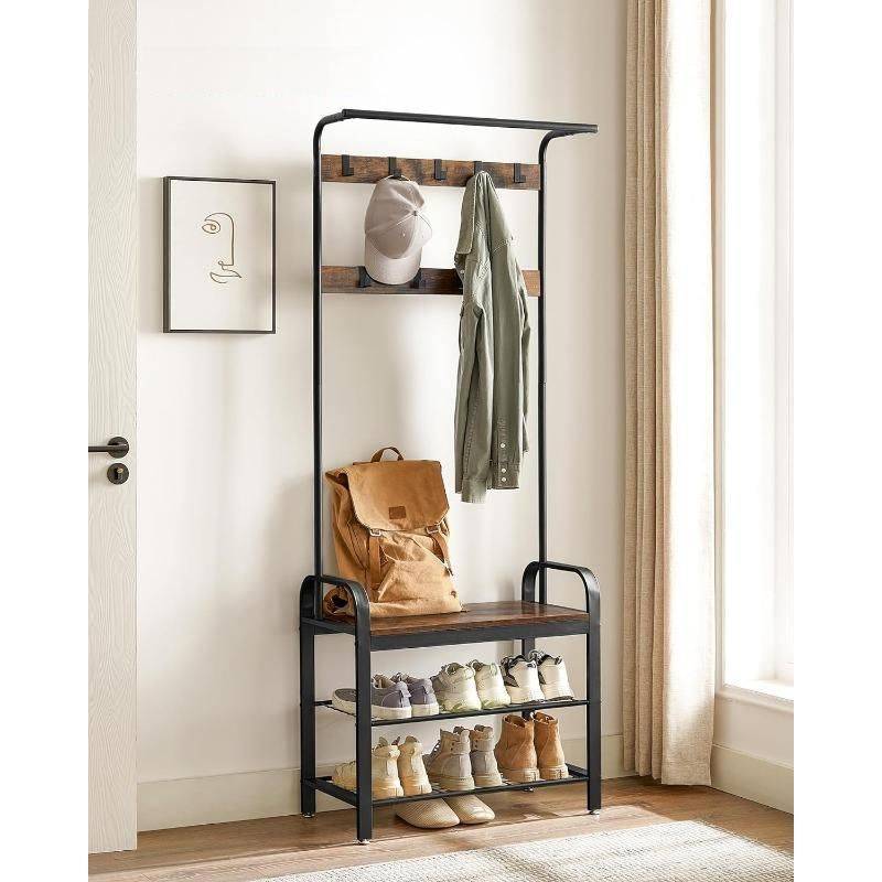 Entryway Hall Tree with Shoe Bench Color : Rustic Brown/Black 