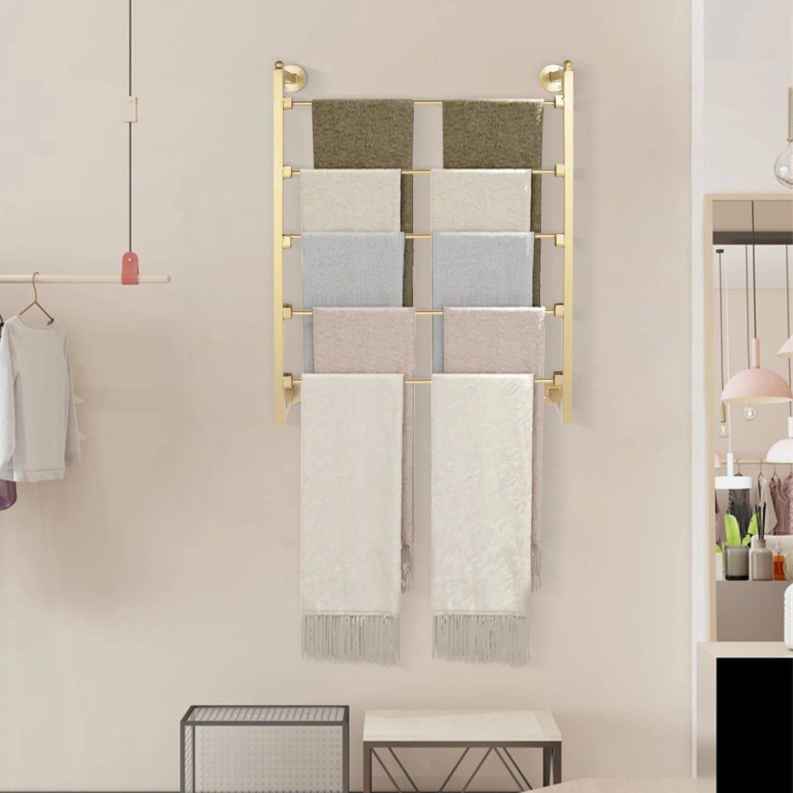 Gold 5-Tier Wall Mounted Scarf & Accessory Organizer Rack  