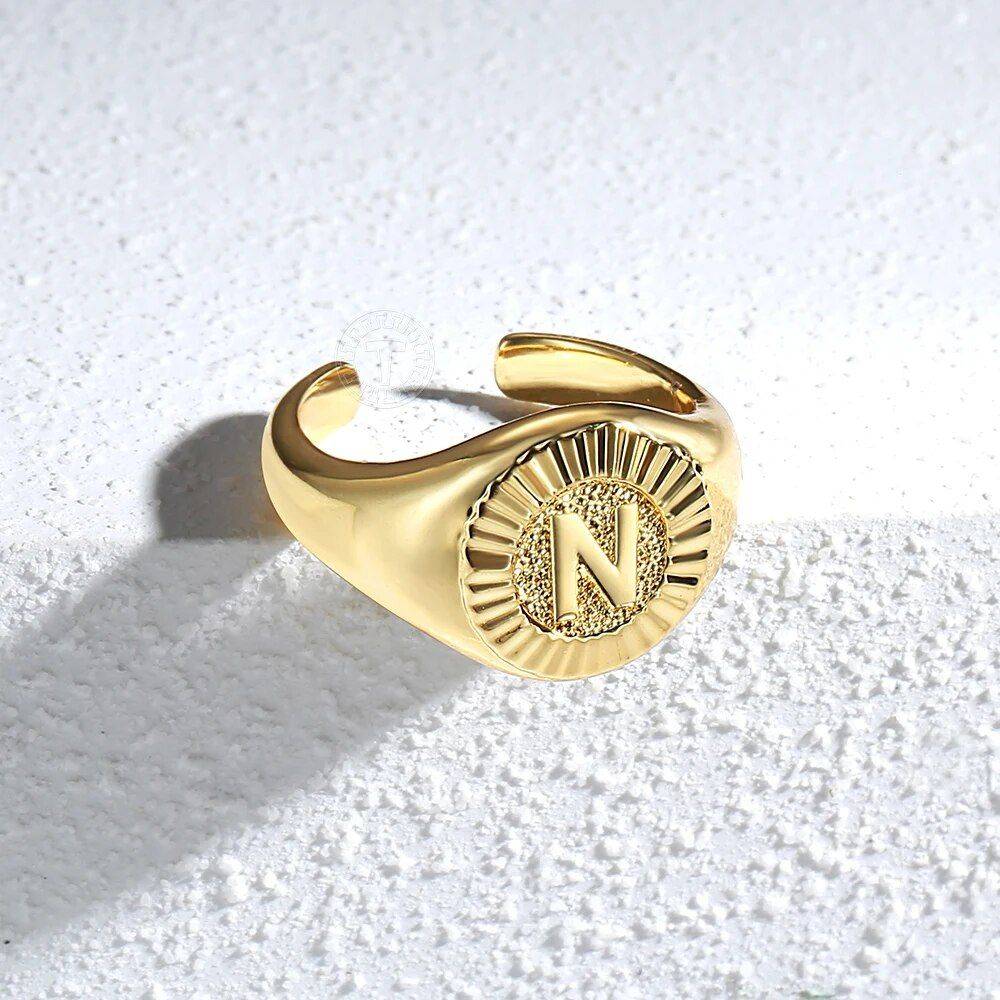 Gold Color Chunky Initial Open Ring Ring Size : 7.5(fits 7-7.5) 