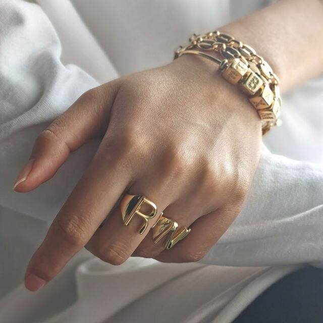 Gold Initials Opening Ring Letter : A|B|C|D|E|F|G|H|I|J|K|L|M|N|Q|R|S|T|O|P|X|W|U|V|Z|Y 