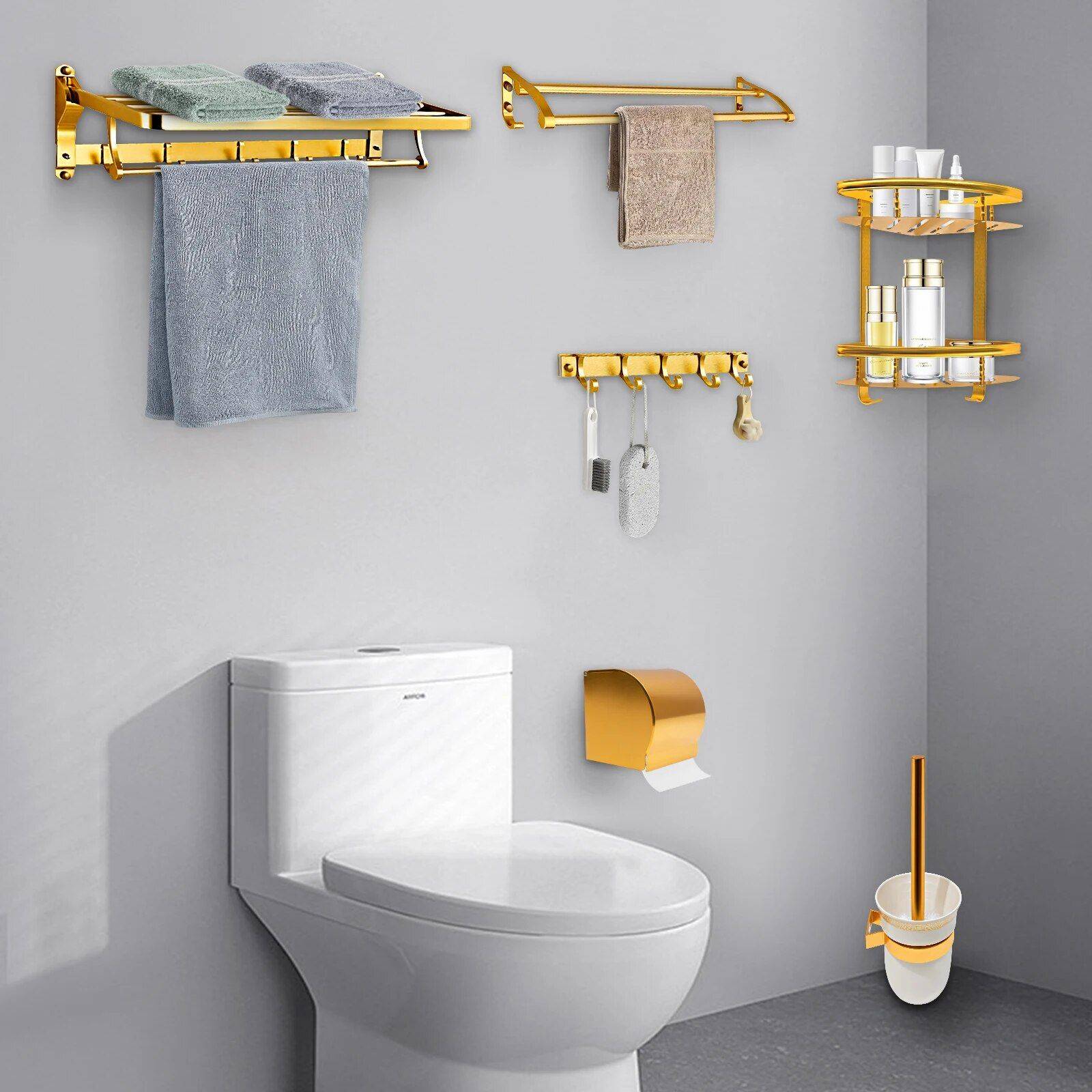 Gold Space Aluminum Bathroom Accessories Set with Towel Bar & Shelf Color : Gold 