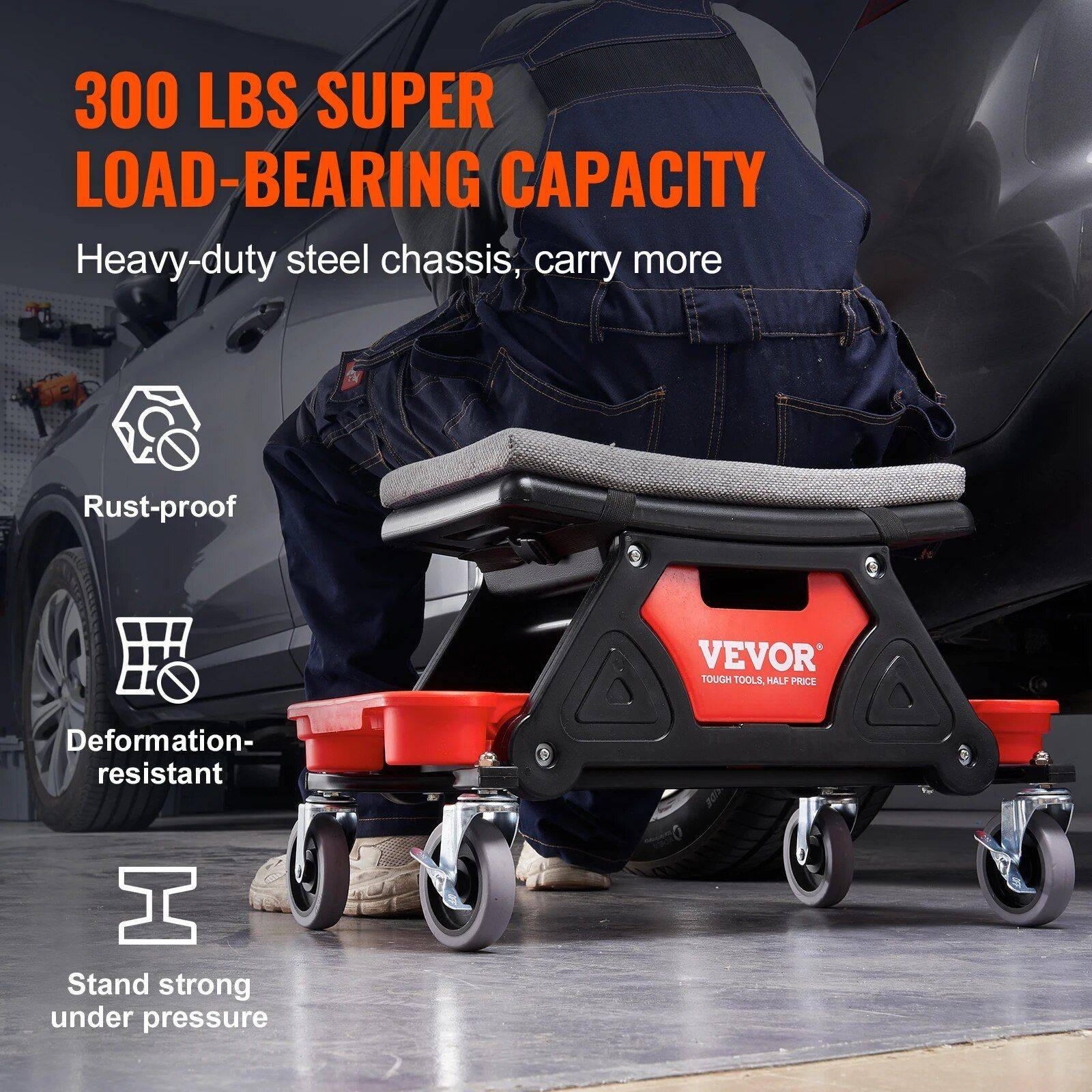 Heavy-Duty Rolling Mechanic Seat with Tool Storage and Wheels  