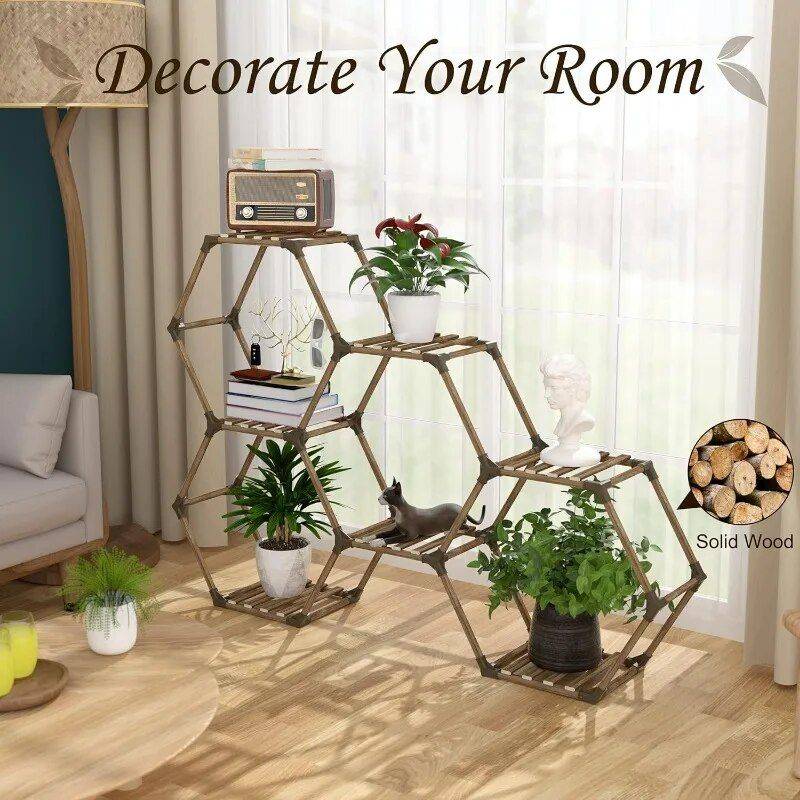 Hexagonal Plant Stand: 7-Tier Wooden Shelf for Stylish Plant Display Color : 7 Tiers 