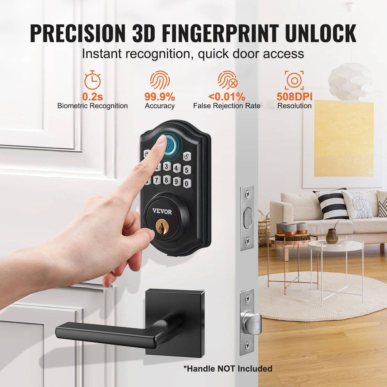 Keyless Entry Fingerprint Smart Door Lock with Keypad and Keys Model : Handle Included|Handle Not Included 