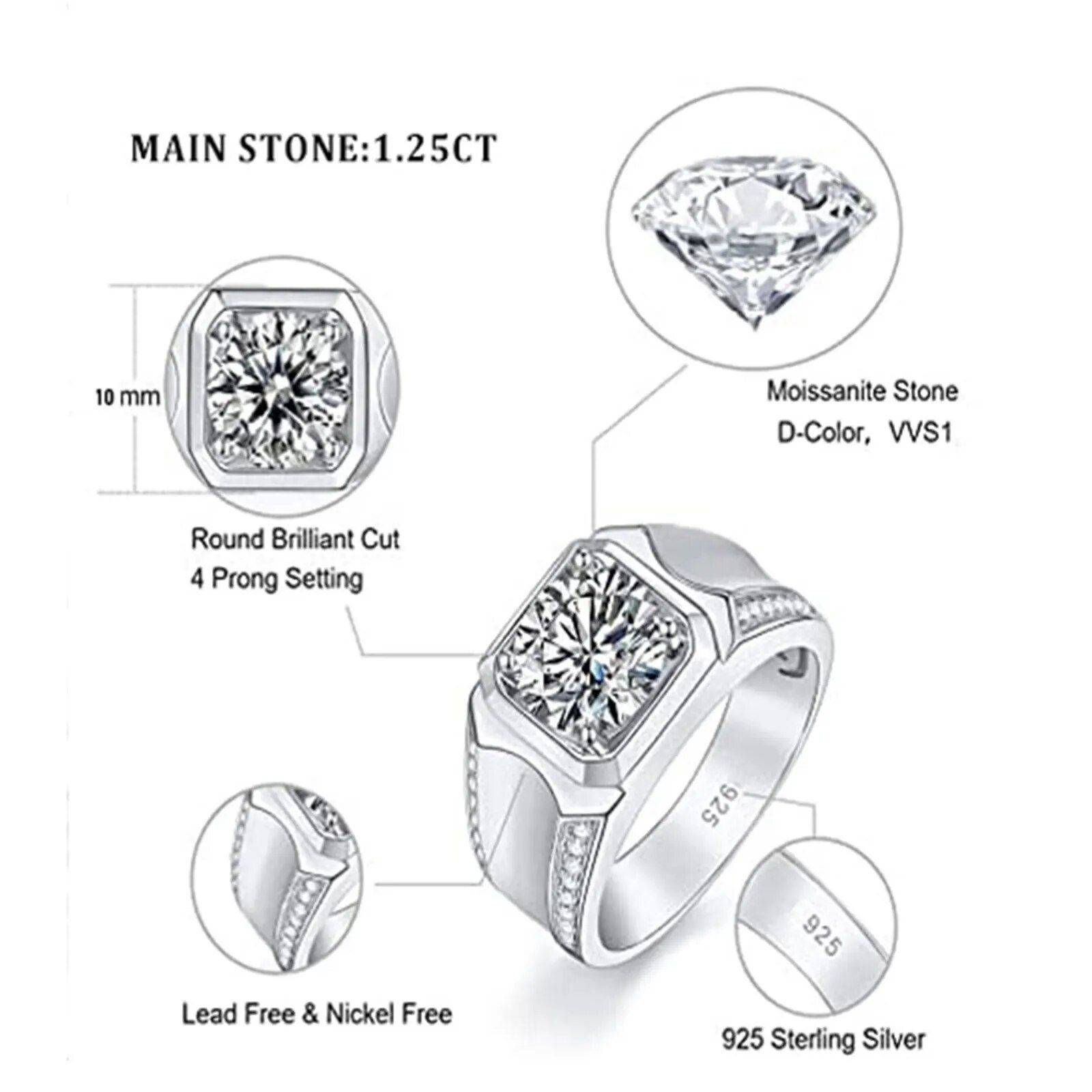 Luxurious 925 Sterling Silver 2Ct Moissanite Men's Wedding Ring Size : 7|7.5|8|8.5|9|9.5|10|10.5|11|11.5|12|12.5|13|13.5|14 