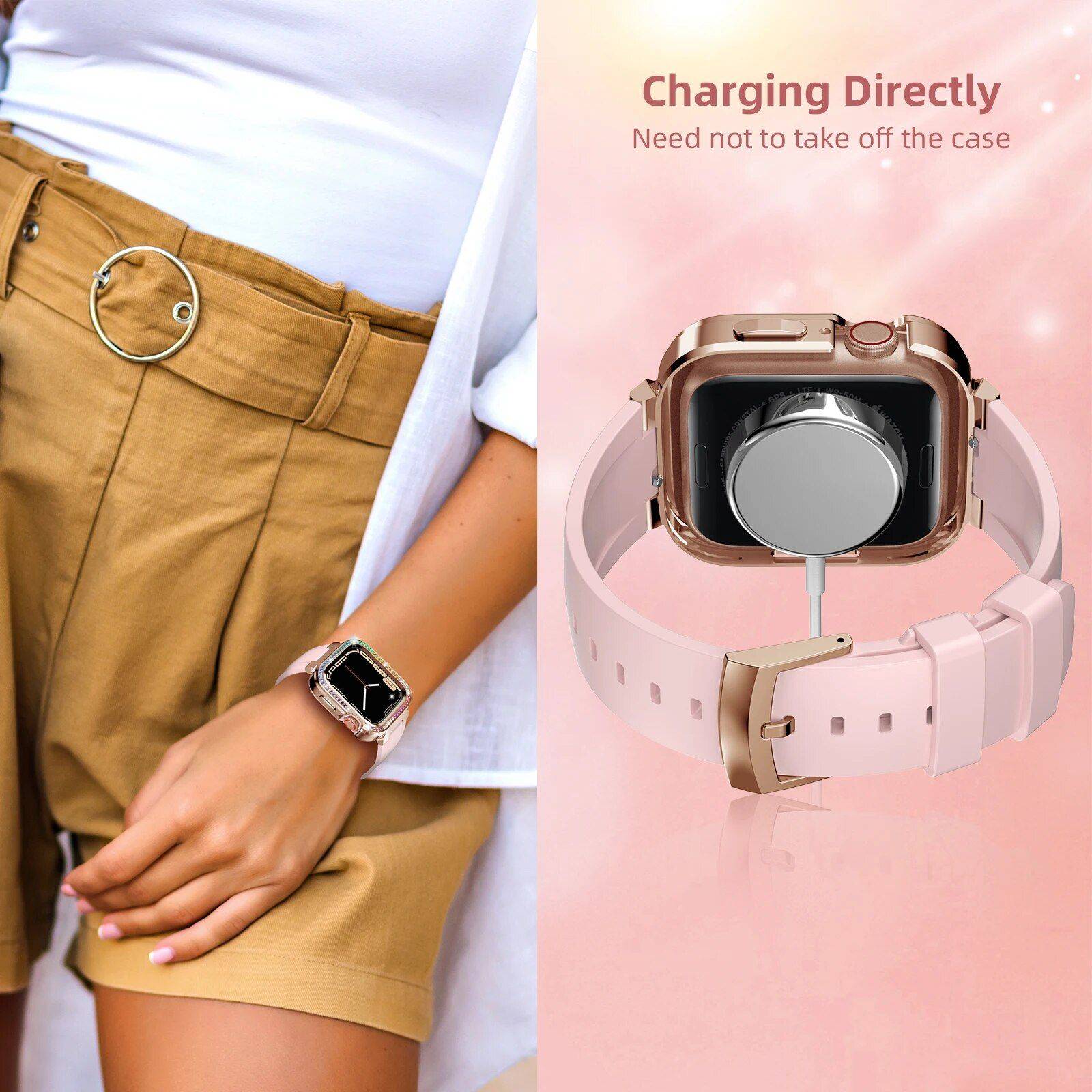 Luxury Diamond Stainless Steel Strap & Case for Apple Watch Band Color : White|Pink|Black|White (Colorful Stones)|Pink (Colorful Stones)|Black (Colorful Stones) 