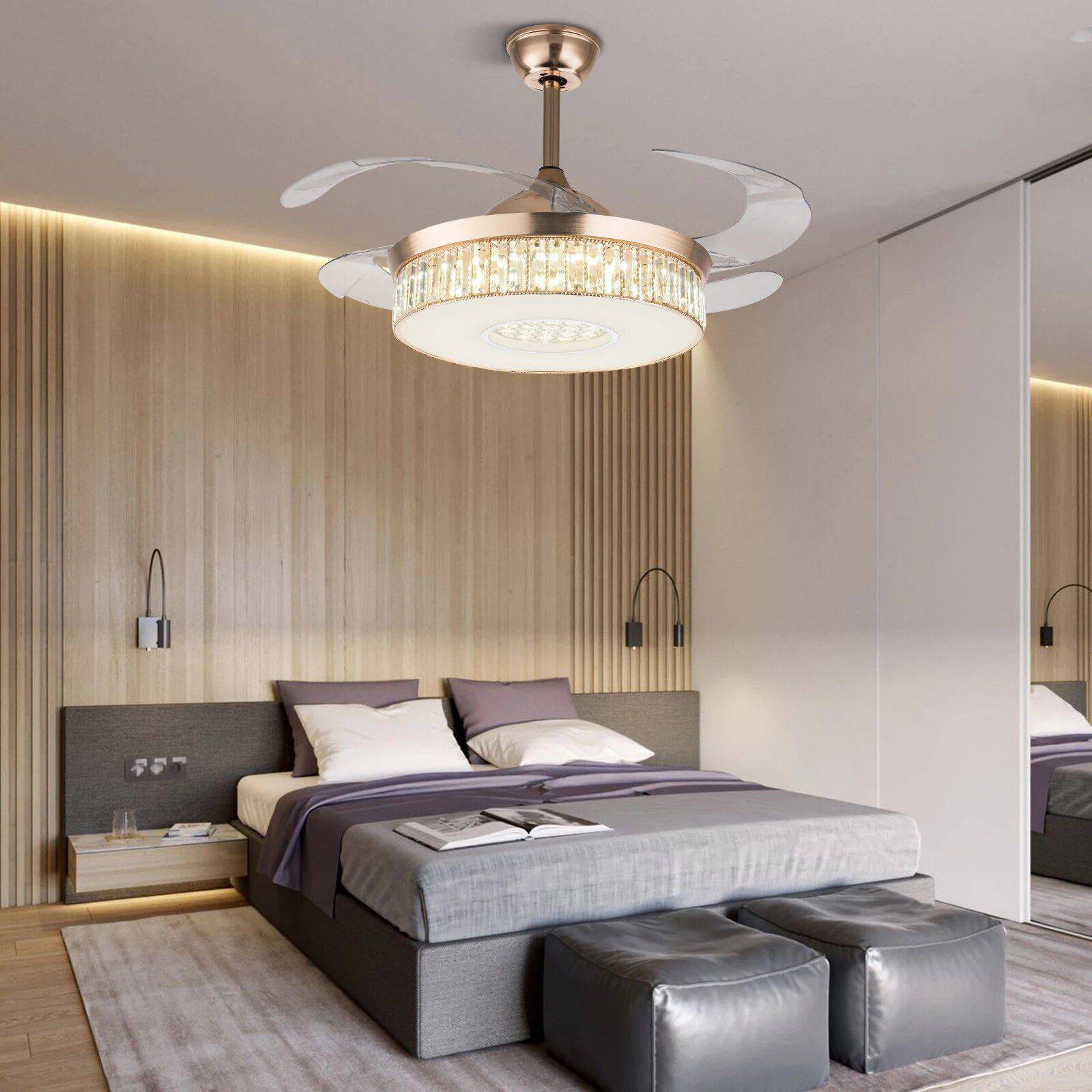Modern Crystal Chandelier Fandelier 42-Inch Chrome Ceiling Fan with LED Light Wattage : 31-40W 