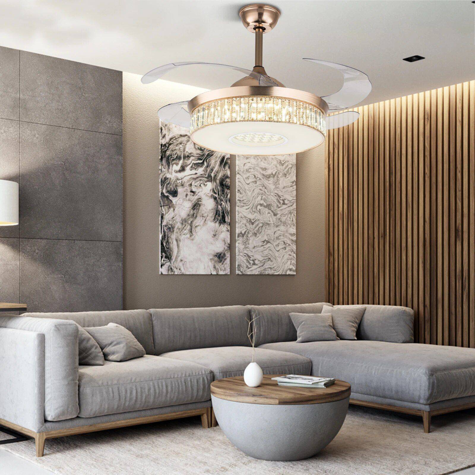 Modern Crystal Chandelier Fandelier 42-Inch Chrome Ceiling Fan with LED Light Wattage : 31-40W 