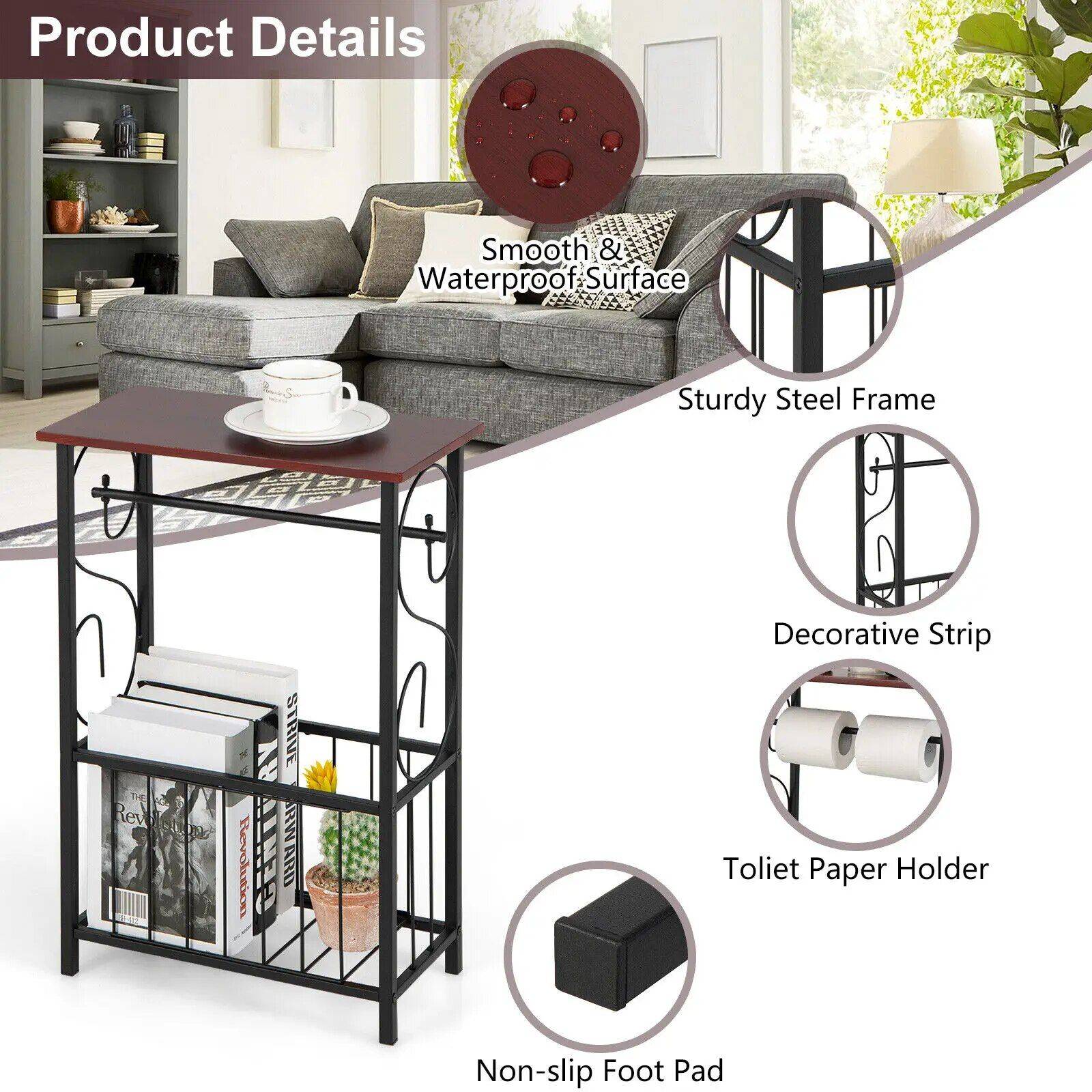 Modern Narrow Side Sofa Table with Removable Paper Holder  