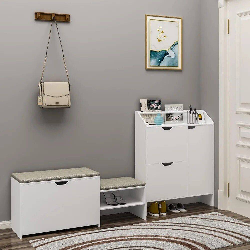 Modern White Shoe Storage Cabinet with Top Place Space and 2 Flip Drawers Color : White 