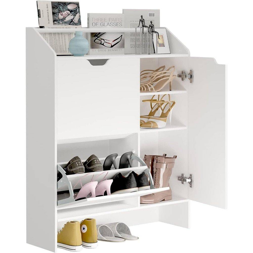 Modern White Shoe Storage Cabinet with Top Place Space and 2 Flip Drawers Color: White 