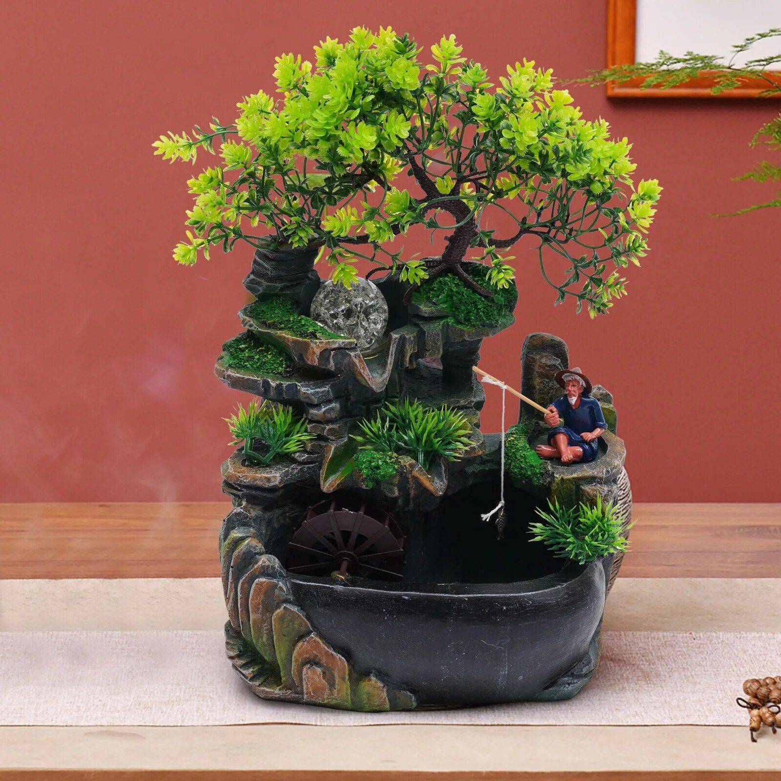 Resin Tabletop Fountain with LED Lights Color : Green 