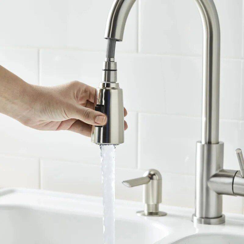 Satin Nickel Pull-Down Kitchen Sink Faucet with Soap Dispenser  