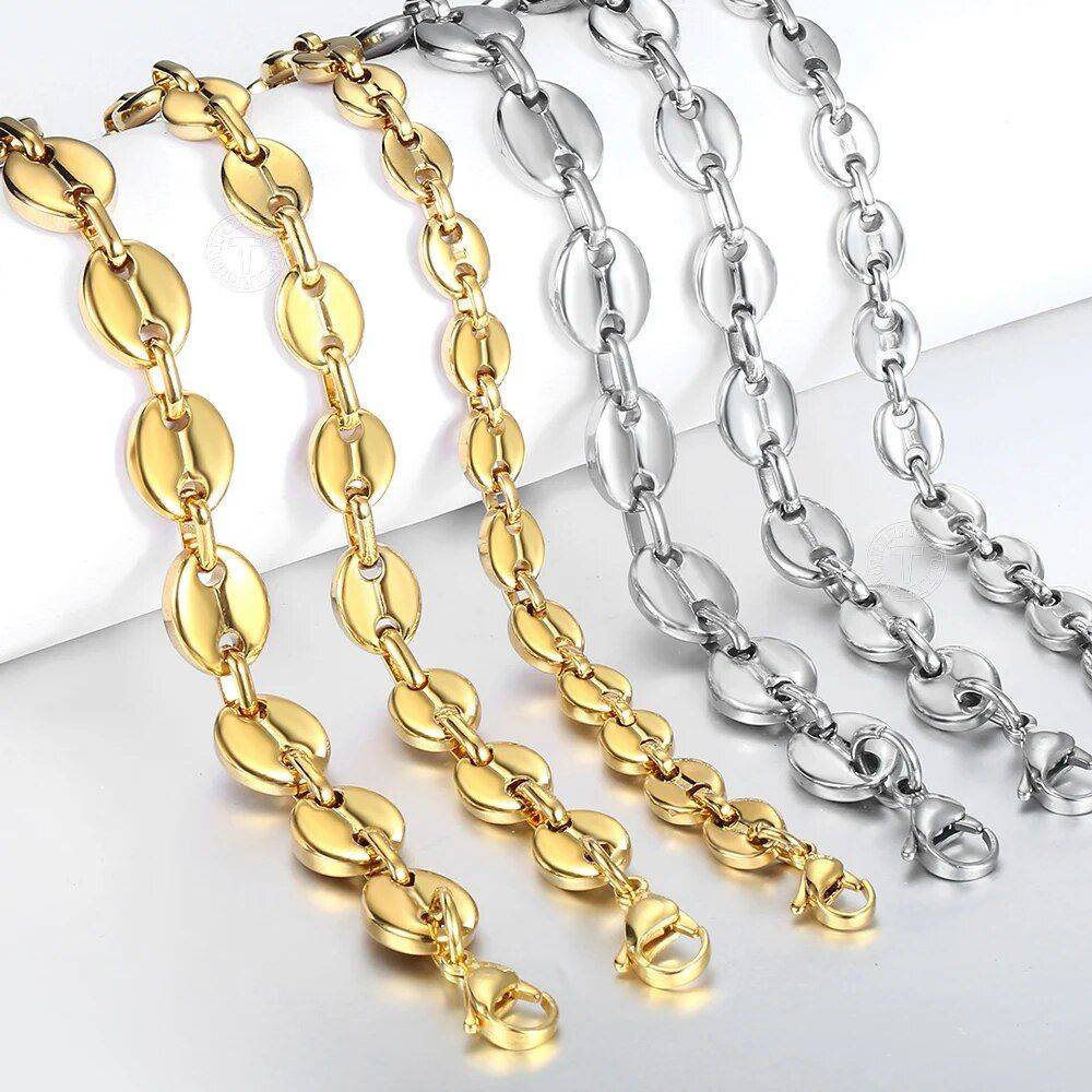 Stainless Steel Coffee Beans Link Chain Bracelet Color : 7mm Gold|9mm Gold|11mm Gold|7mm Silver|9mm Silver|11mm Silver 