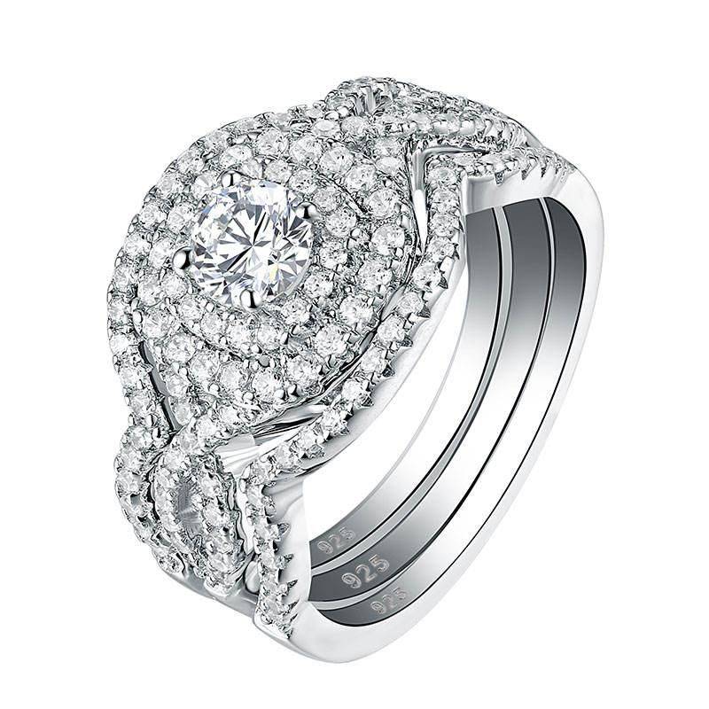 Sterling Silver 3Pcs Wedding Ring Set Ring Size : 4.5|5|5.5|6|6.5|7|7.5|8|8.5|9|9.5|10|11|12|13 