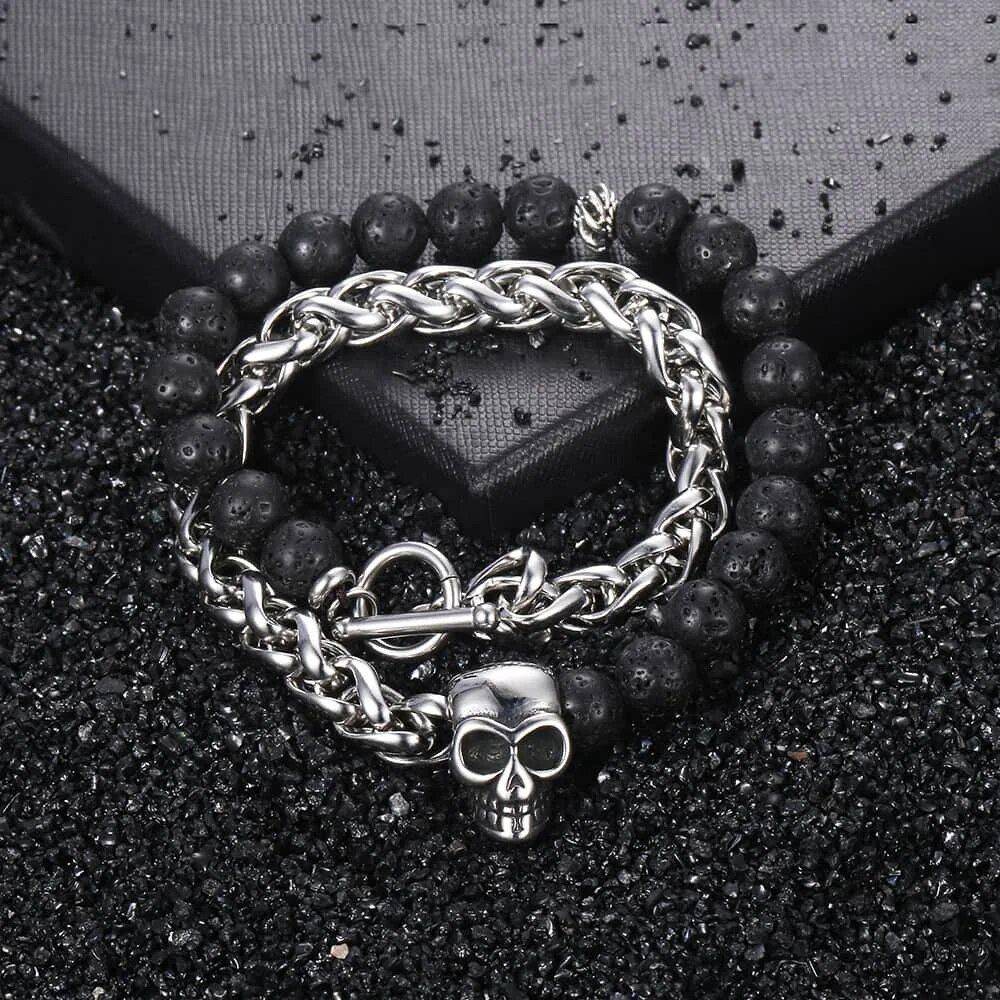 Stylish 8mm Lava Beads Men's Bracelet with Stainless Steel Wheat Link Type : Lava Beads 